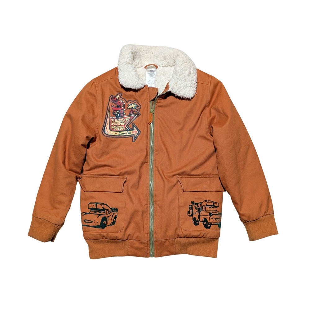 Disney Pixar Cars Jacket Kids Size 9/10 Orange Dino Park Mater McQueen Canvas